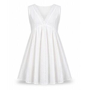 White Eyelet Babydoll Midi Dress Size M Sleeveless Lace Trim V Neck Boho Cottage